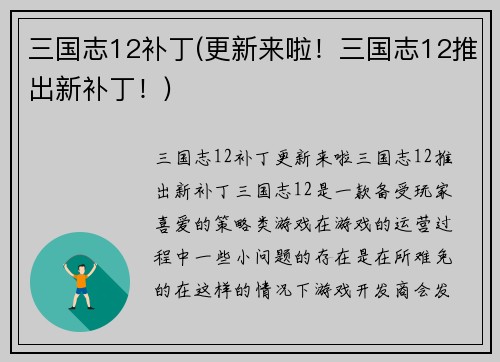 三国志12补丁(更新来啦！三国志12推出新补丁！)